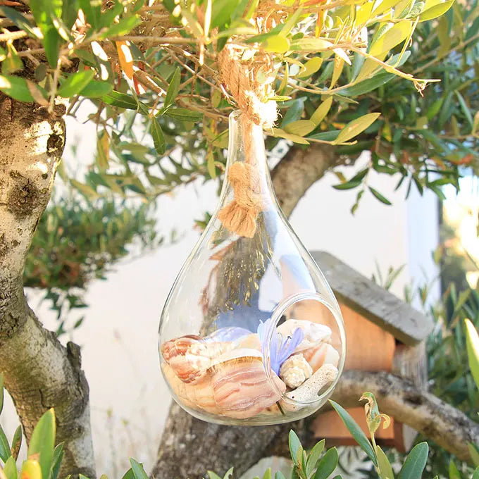 Vases avec décorations suspendues à un arbre dans un jardin