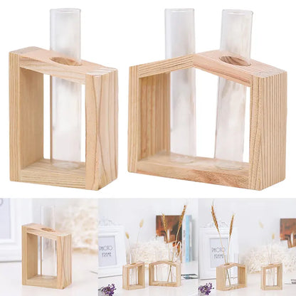 Présentation des différents vases tube avec structure en bois