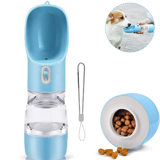 Distributeur de croquette et d'eau pour animal de compagnie bleu sur fond blanc